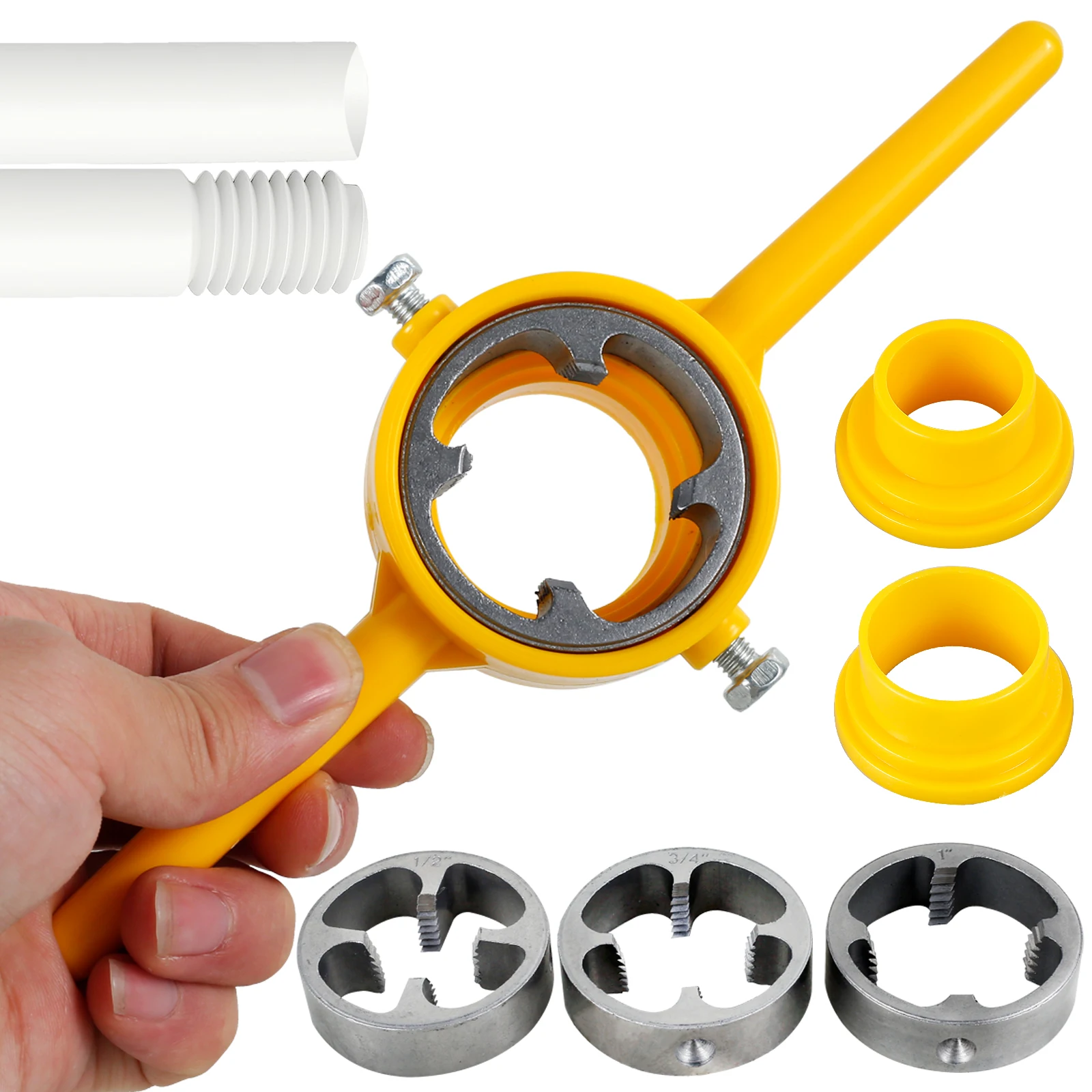 6Pcs PVC Thread Maker Tool Pipe Threader Plumbing Tool with 1/2 Inch 3/4 Inch 1 Inch Dies Round Die for PVC Threading