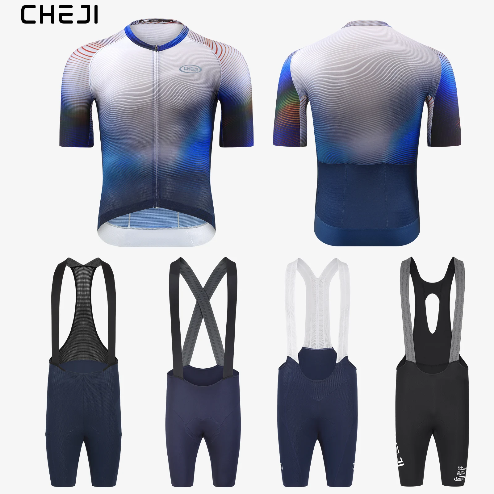 CHEJI Men Women Short Sleeve Cycling Jersey Set Quick Dry Breathable Bib Shorts Road Bike MTB Cycling Kit