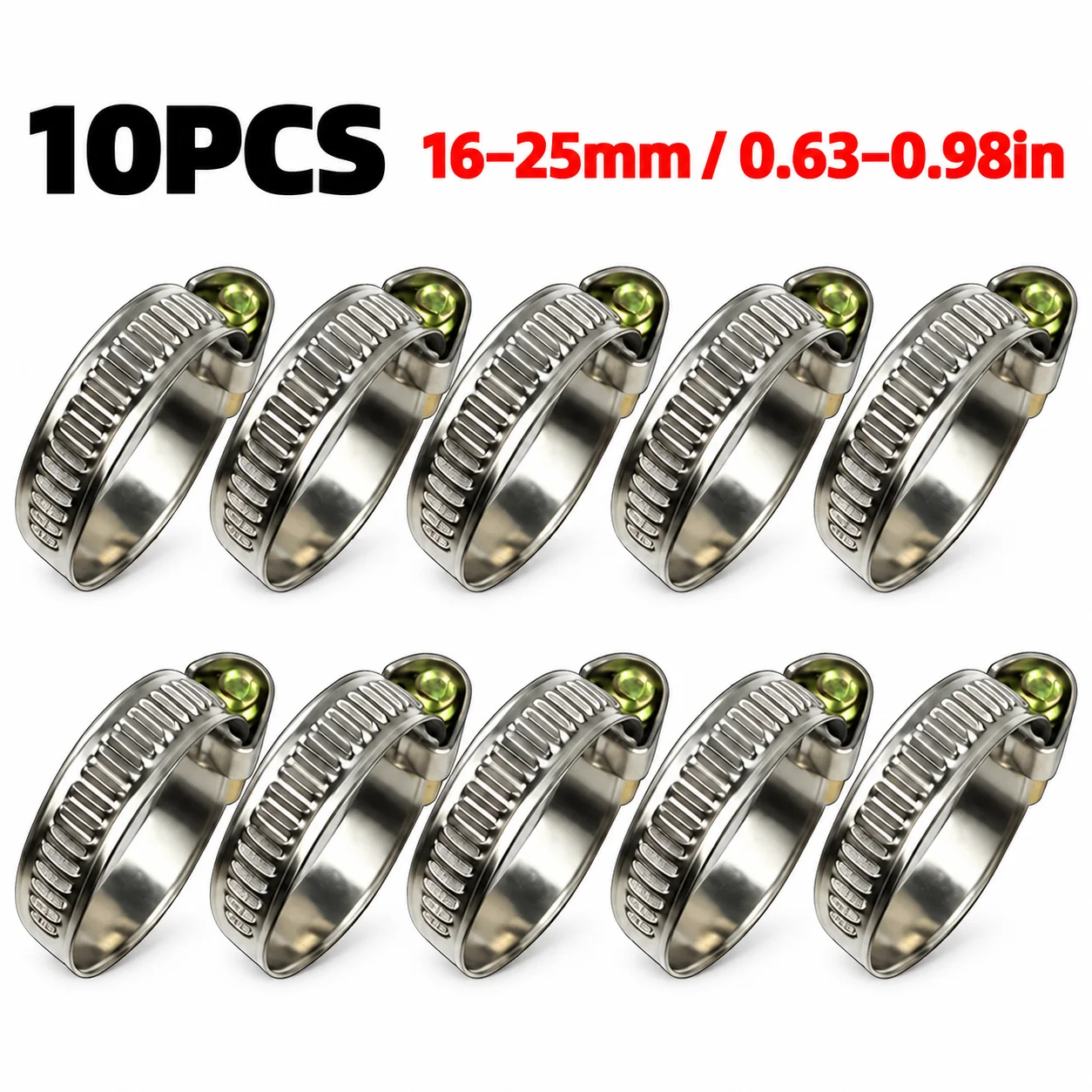 10Pcs Stainless Steel Hose Clamps 16‑25mm Adjustable Worm‑Drive Pipe Clips for Water Hose Fuel Line Automotive Plumbing