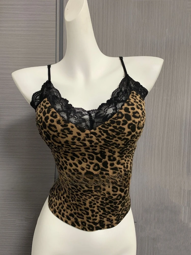 Leopard Lace Patchwork Sexy Camis Summer Y2k Beach Style Elegant Bodycon Korean Fashion Clothing 2000s American Vintage Tanks