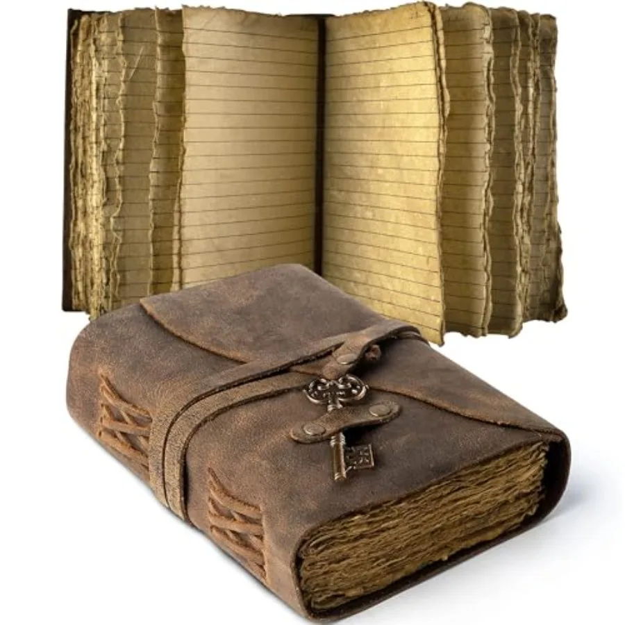 

Vintage Leather Journal Lined Pages with Key - Antique Handmade Deckle Edge Vintage Paper Leather Bound Journal - Book of Shado