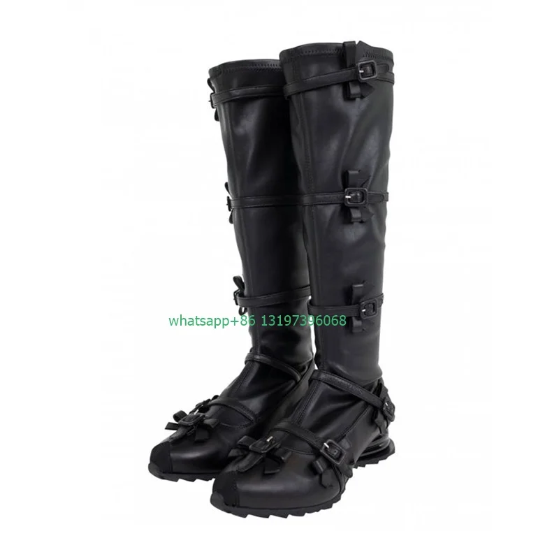 Lady stretch buckle black knee high boots pointed toe boots punk style Y2K runway daily dress new arrive boots footwear size 46