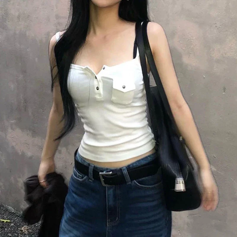 y2k Tops Women Solid Color Button Front Spaghetti Strap Sleeveless Camisole with Pocket Decor 2000s Vest Streetwear