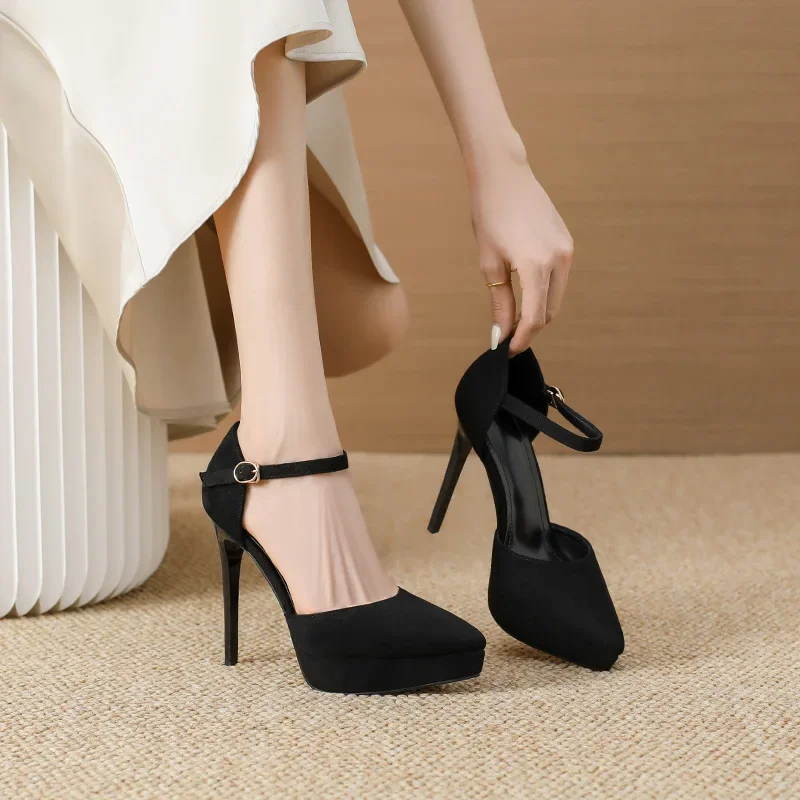 New Pointed Toe Platform Women Sandals Flock Buckle Strap Stripper Party Thin High Heel Shoes Sexy Female Pumps Zapatos De Mujer