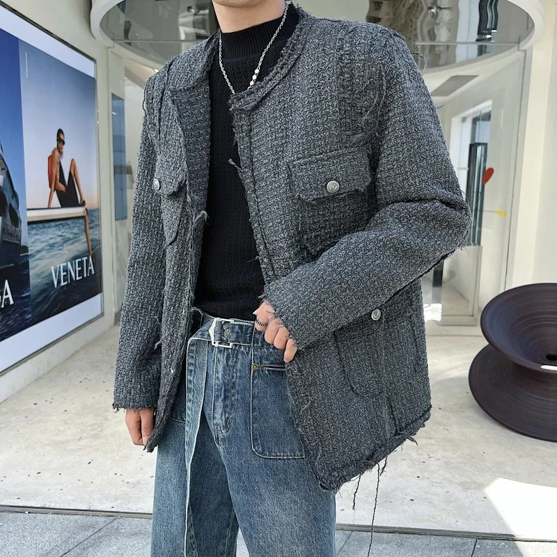 Trend Tweed Round Neck Suit Coat Elegance Male Vintage Knit Blazers Rough Edges Thickened Casual Autumn Winter Tops 9C1595