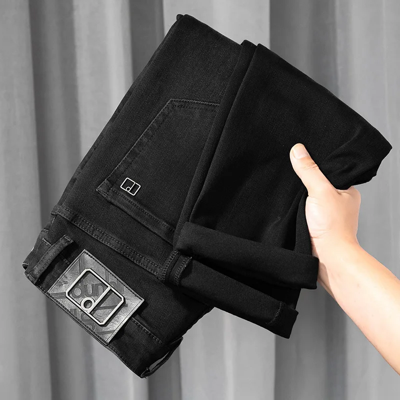 Black Gray Jeans Men's Thick Autumn 2024 New Denim Clothing Casual Stretch Slim High-End Fashion Brand Trousers