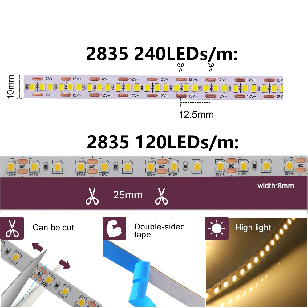 12V LED Strip Light 5m SMD 2835 120LED/m 240LED/m Self Adhesive Flexible Tape Ribbon Home Decorations Light Kitchen Cabinet Lamp