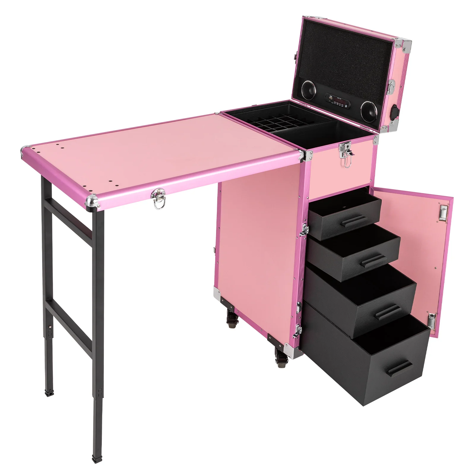 Sturdy Makeup Train Case with Ample Storage, 4 Removable Drawers, Expandable Floor Workstation, and Secure Combination Locks