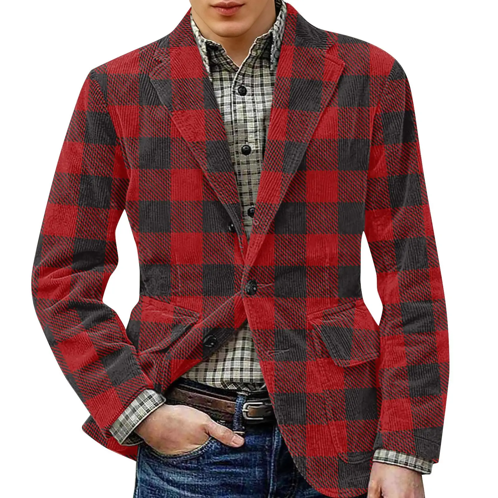 

Blazer Men Red Black Plaid Print Corduroy Casual Jacket Fashionable Men's Apparel Trendy Look Stylish Leisure Blazer Outfit