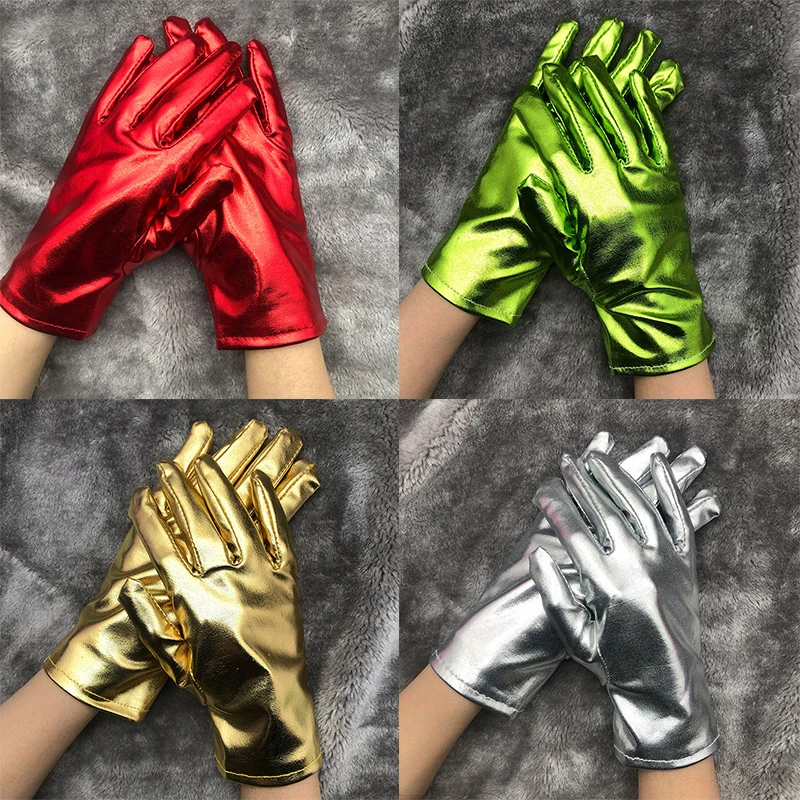 Guantes cortos de charol, manoplas de etiqueta para actuación en boda, Halloween, dedos completos, negro brillante, Cosplay