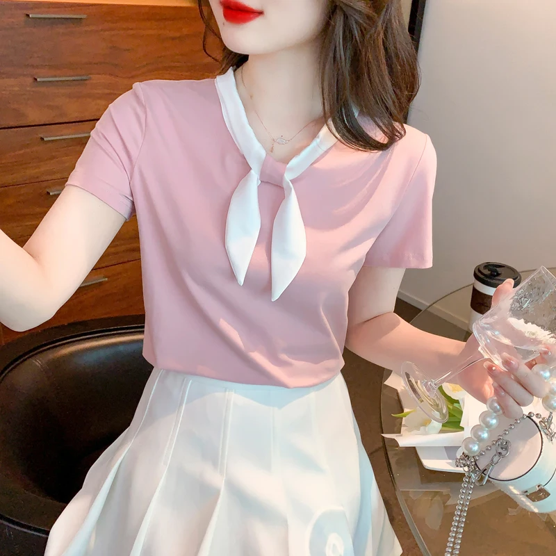 2025 Summer Cotton Blouse Straight Womens Tops Bow Tie Elegant Solid Womens Clothing Sweet Fashion Short Sleeve Blouses T-shirts