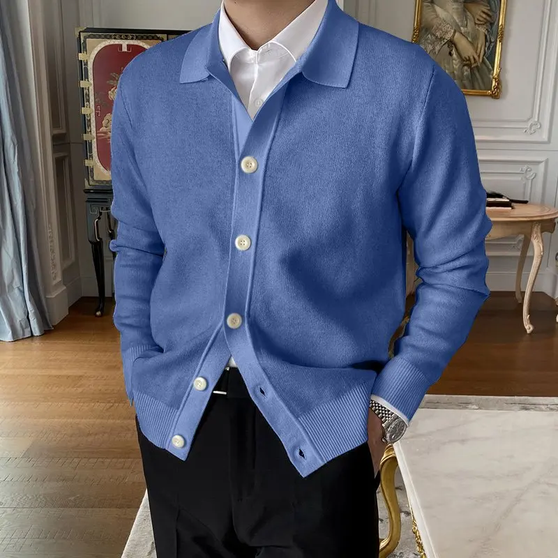 2023 Spring Autumn New Cotton Knitted Cardigan Slim Long Sleeve Button Korean Men\'s Fashion Lapel Sweater Simple Casual Coat