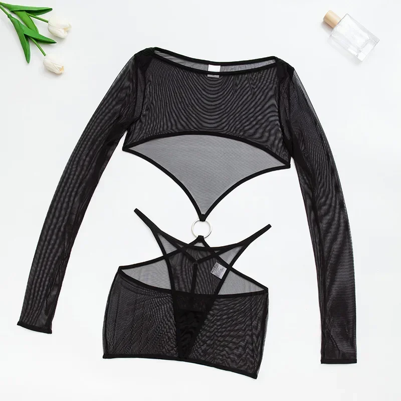 Sexy Transparent Dress Nightclub Tight Lingerie Women\'s Sheer Mesh See-through Long Sleeve Dresses Crop Tops Clubwear Mini Dress