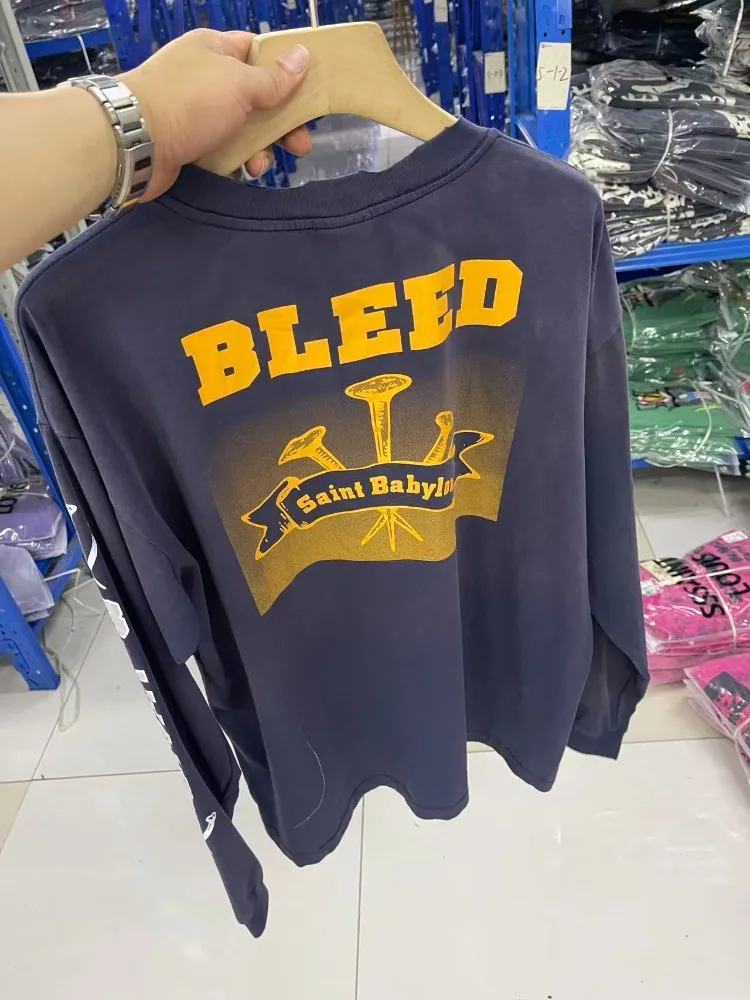 تي شيرت Saint Babyl باللون الأزرق الداكن 100% قطن فضفاض مناسب كاجوال بأكمام طويلة للرجال، قميص مريح كبير الحجم