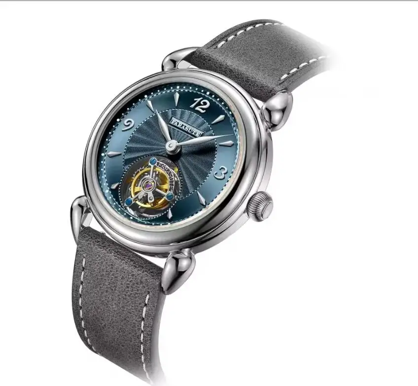 ساعة FARASUTE للرجال توربيون 37 ملم ساعة يد ميكانيكية عتيقة رفيعة للغاية ومرآة من الياقوت بمينا أشعة الشمس