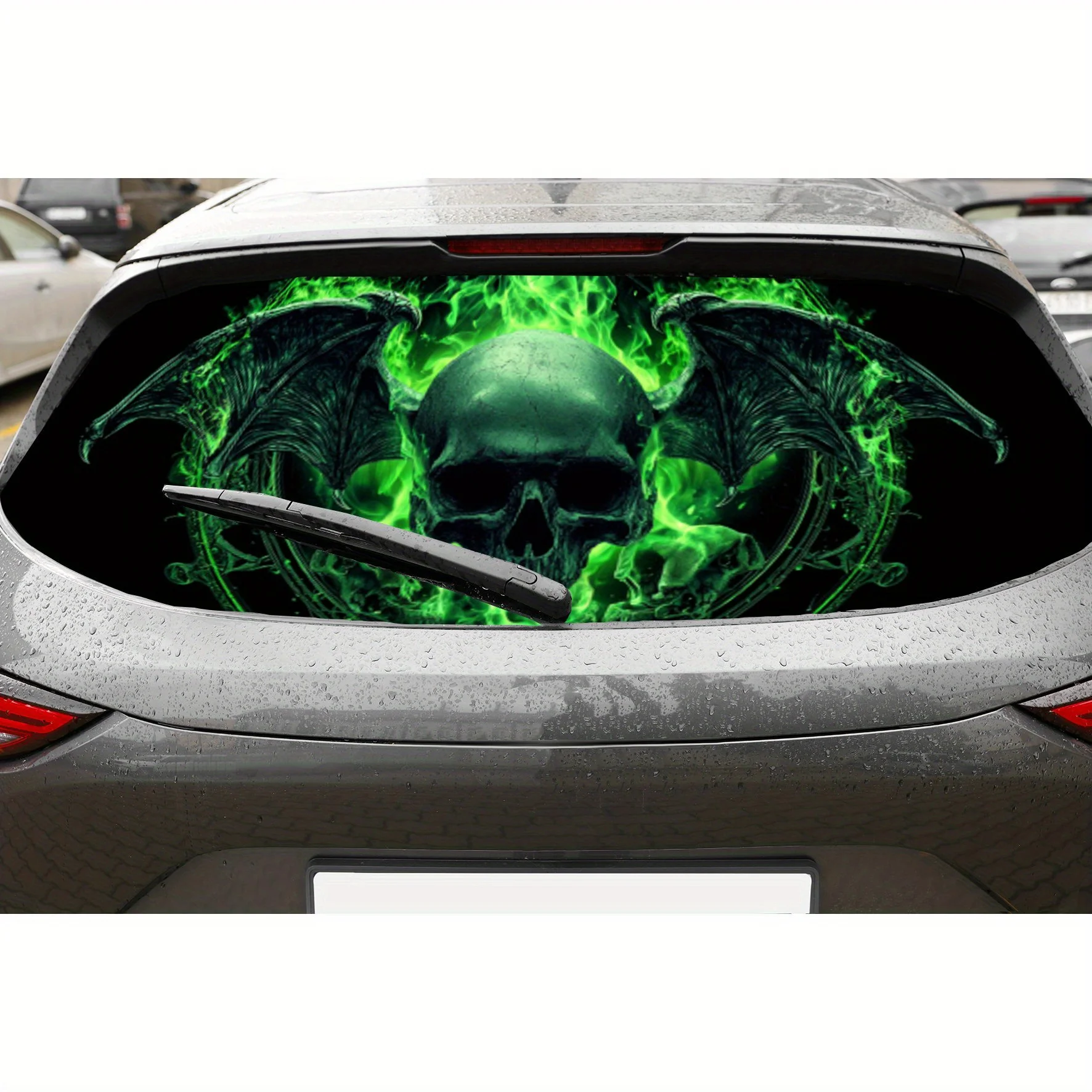 

Bat Wing Skull Surrounded by Green Flames Print PVC Perforated Car Vinyl Wraps, Durable Car Rear Windshield Sticker, Waterproof