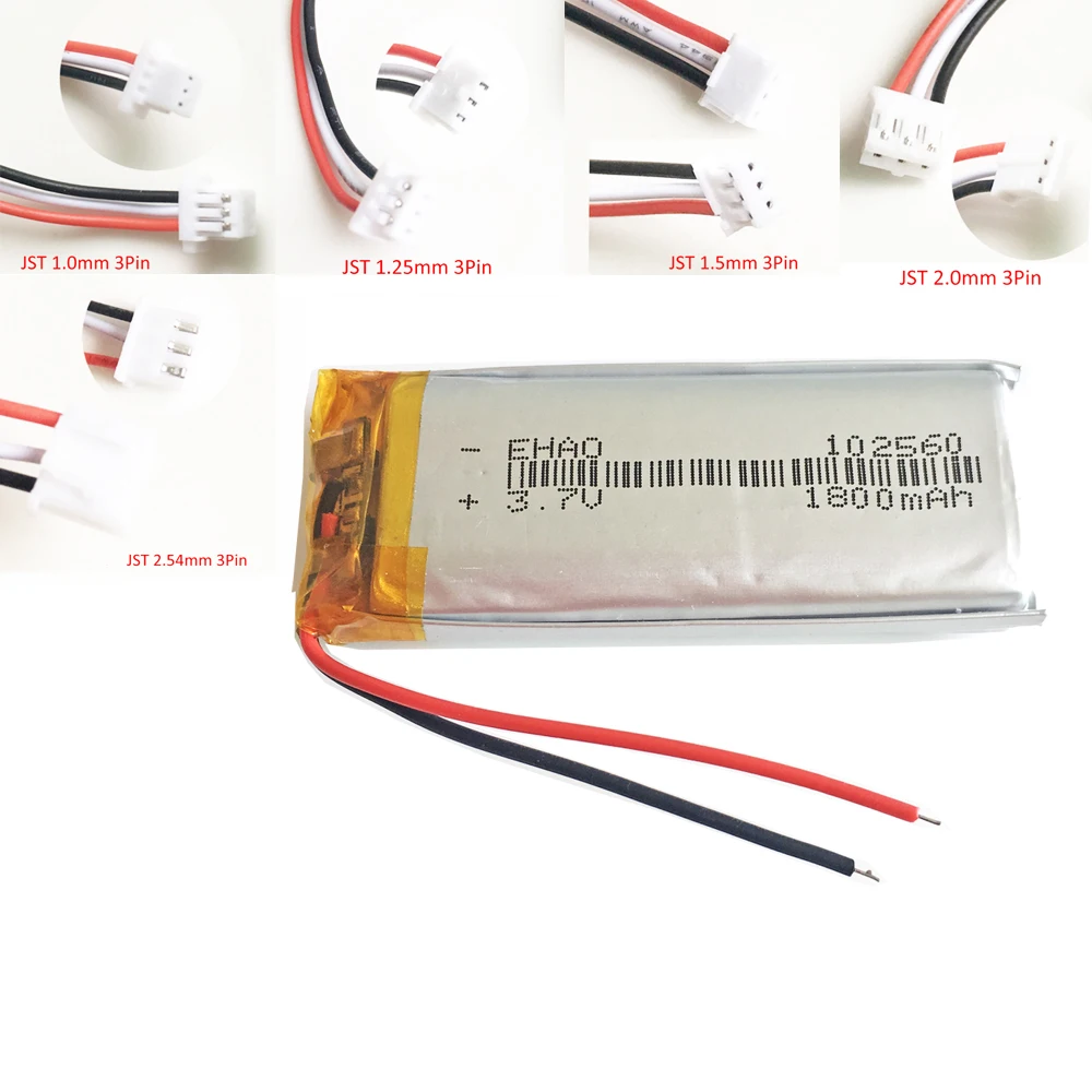 3.7V 1800mAh LiPo Rechargeable Battery 102560 + JST 3Pin plug 1.0/1.25/ For GPS DVD E-book Bluetooth Speaker Recorder LED Light