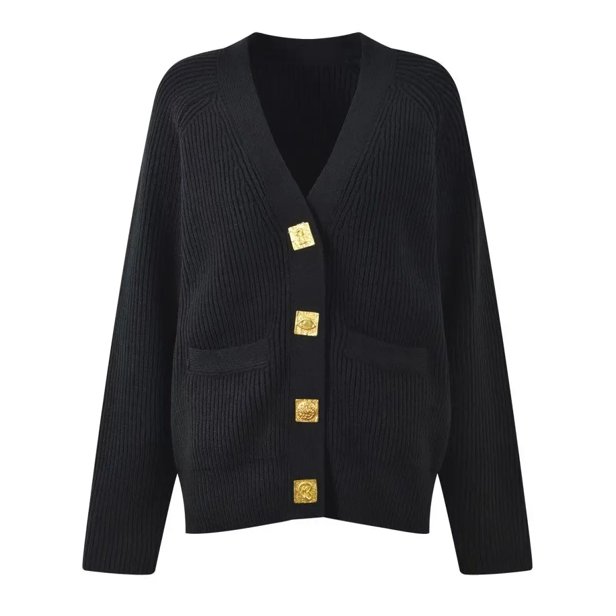 

Fashion Patchwork Metal Button Knitted Sweater for Women Solid V Neck Long Sleeves Elegant Single Breasted Cardigan Outerwear