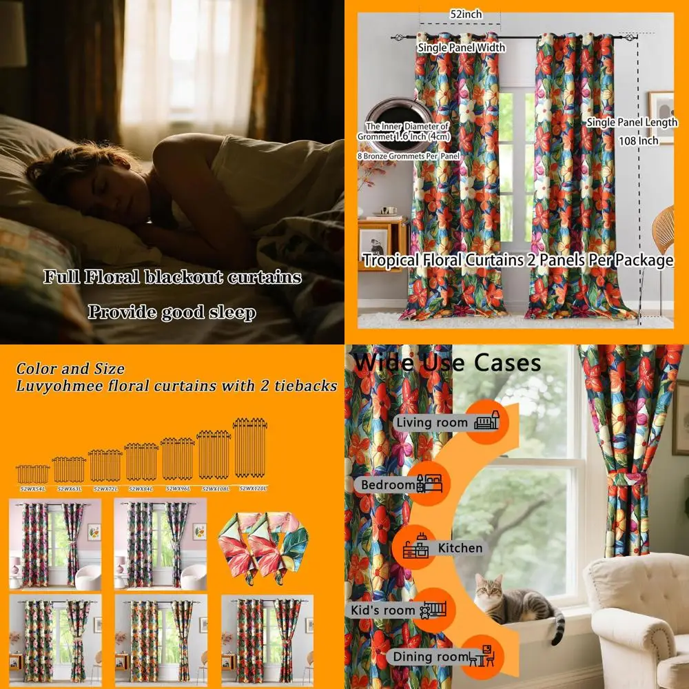 

108 Long Vibrant Floral Blackout Curtains, 2 Panels, Orange & Colorful Flower Patterns, for Living Room Windows, Thermal Insulat
