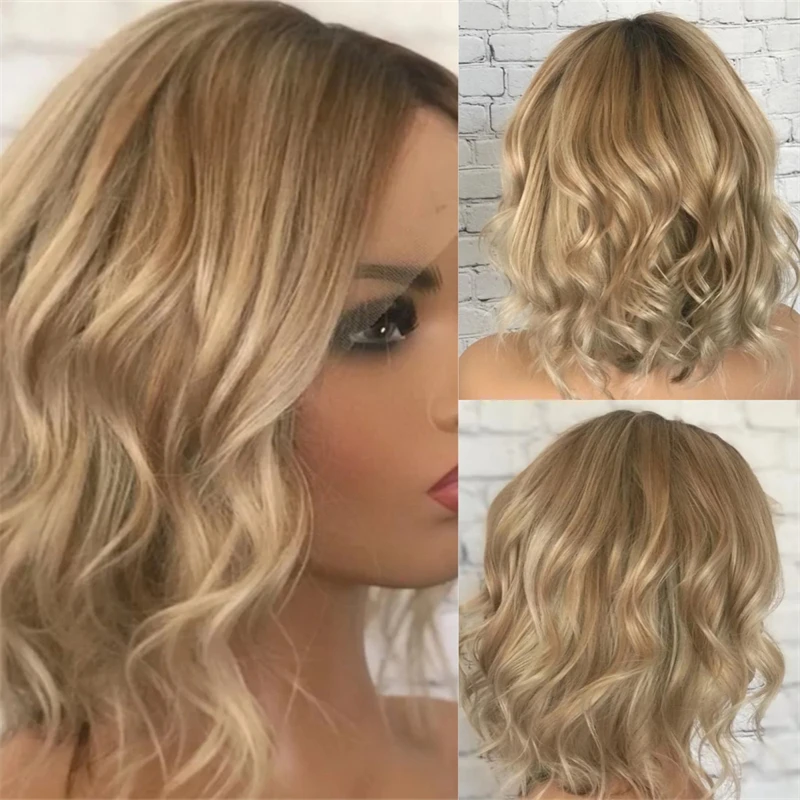 Blonde Pixie Cut Wig Short Wave Bob Wig Ombre Golden Blonde with Brown Streaks Synthetic HD Lace Front Wig Heat Resistant Hair