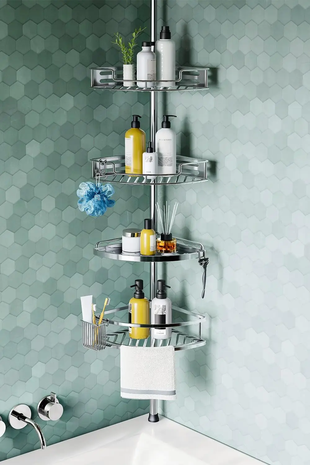 

Adjustable 4-Tier Corner Shower Caddy: Rustproof Tension Pole Organizer for Bathroom Storage - Silver