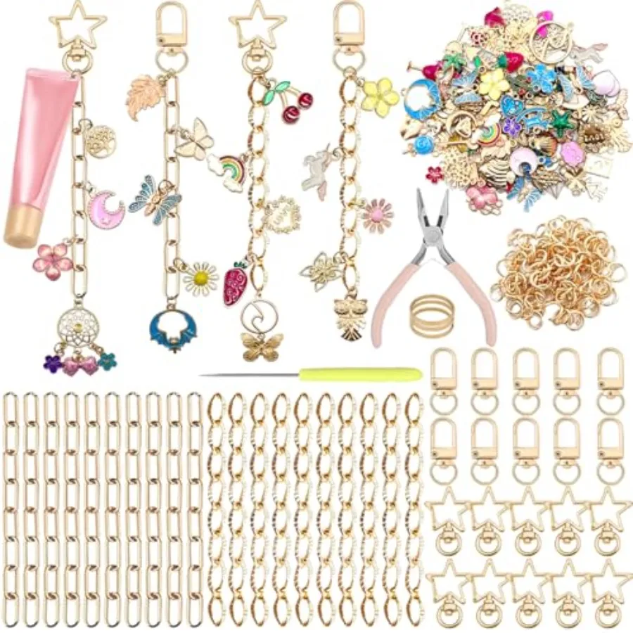 

344 шт., набор для изготовления брелоков «сделай сам» с подвесками, 20 зажимов для ключей, 20 удлинительных цепочек, 100 подвесок, ювелирные изделия, блеск для губ, очаровательный брелок, комплект J