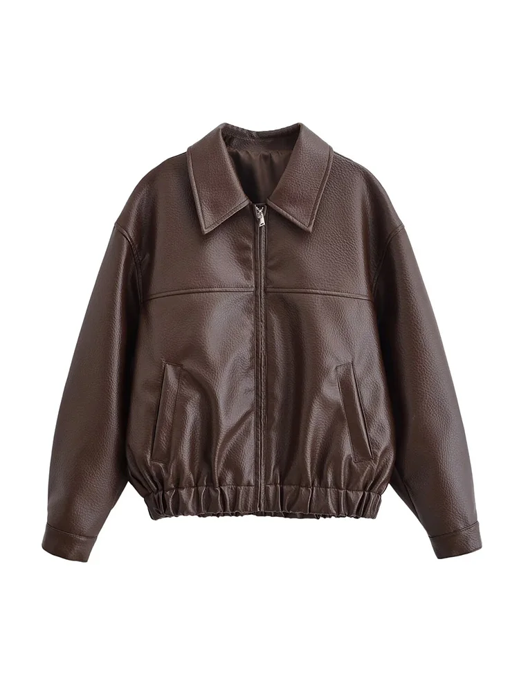 HH Damesmode Turn-down kraag Ritszakken Decoratie Effen korte jas Dames Casual nepleer Lange mouwen Straatjas