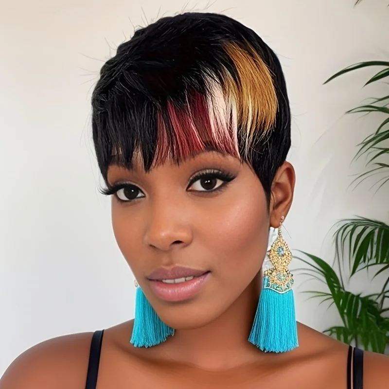 

Короткий прямой парик из натуральных волос, многослойная стрижка «пикси», полностью машинного изготовления, для женщин