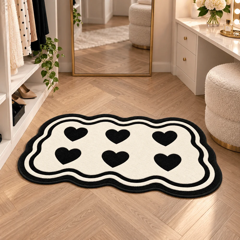 Black Heart Pattern Shaped Area Rug Soft Flannel Non Slip Floor Mat For Bedroom Living Room Dressing Room Home Decor Gift