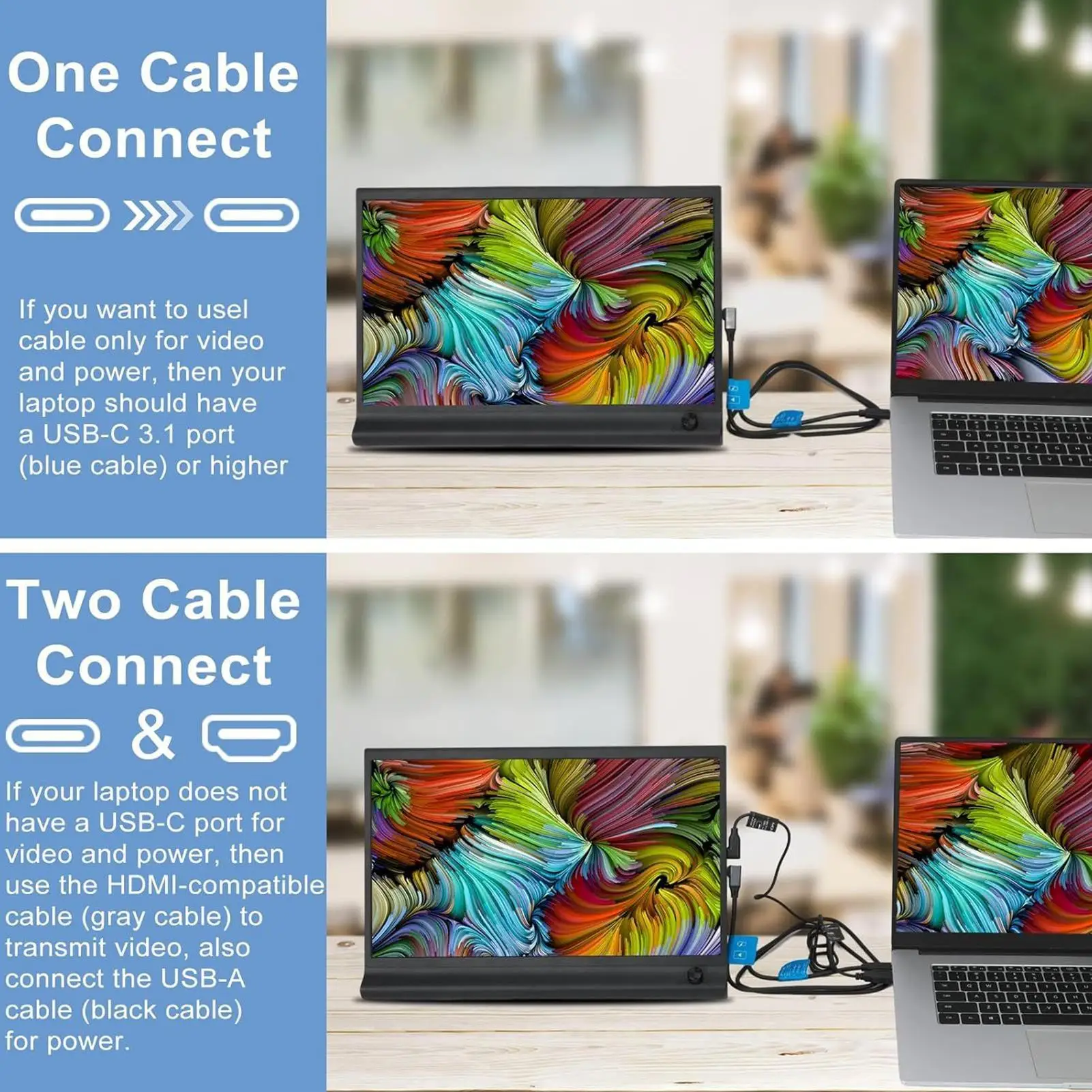 Monitor portatile Dispositivo di visualizzazione a colori reali Monitor da viaggio sottile da 15,6 pollici per laptop PC Tablet Uffici Home Media Indoor