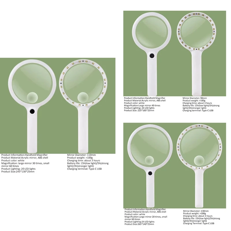 

Top-Handheld Magnifier 3 Lighting Modes Rechargeable Illuminated Magnifying Glass Portable Magnifier For Reading Repair
