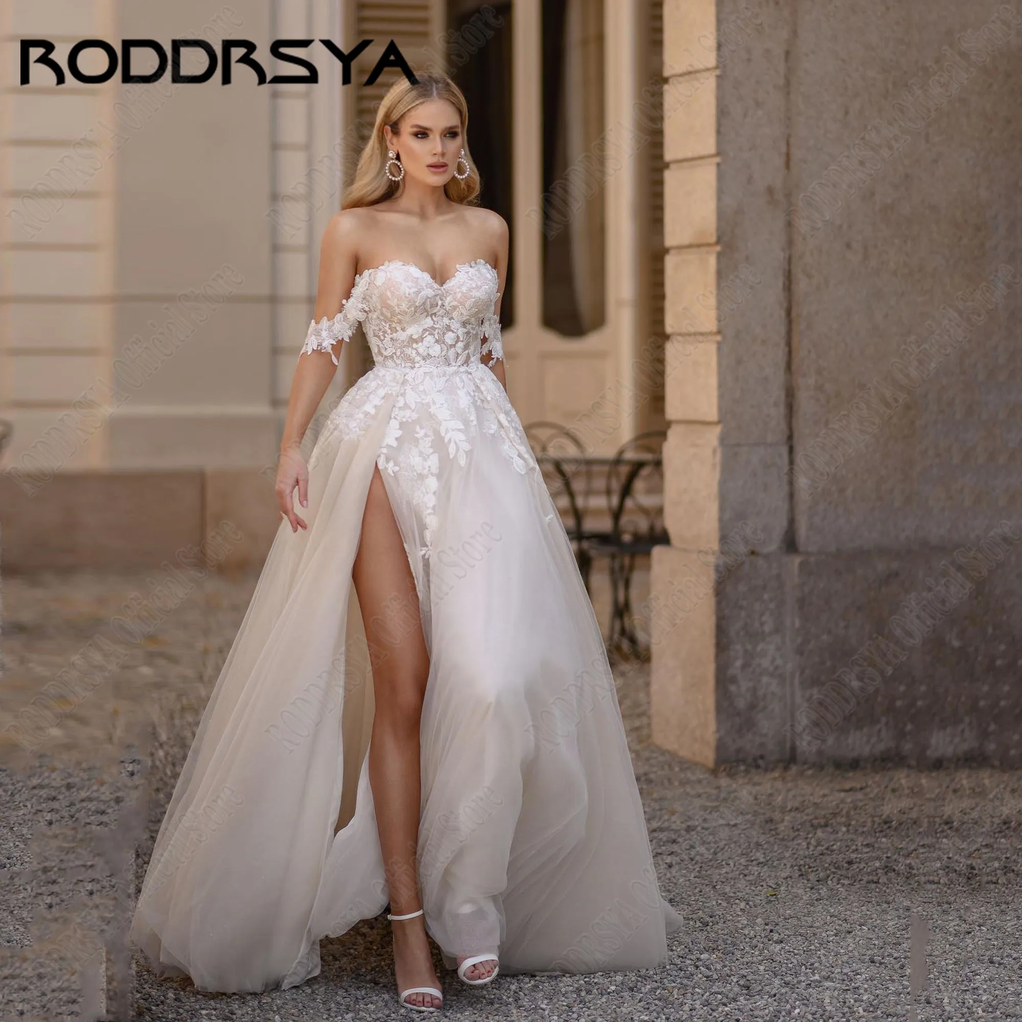 Roddrsya 2025 vestido de novia civil de champán claro hombro a hombro vestido de novia dulce con corsé ajustado en forma de a en el lado y calcomanía en la espalda chaleco en forma de A de novia