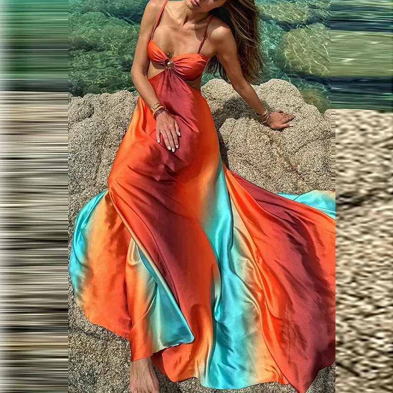 Moda ajustável suspender plissado vestido longo havaí cintura alta bohe vestido de festa sexy gradiente oco sem costas vestidos de praia