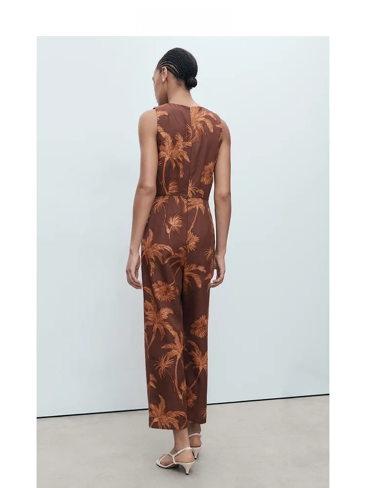 Mono de Mujer Mango, Colección Verano 2025, Cintura Alta, Pierna Ancha, Estampado Vacacional, Informal, Cómodo, Tejido de Ray...