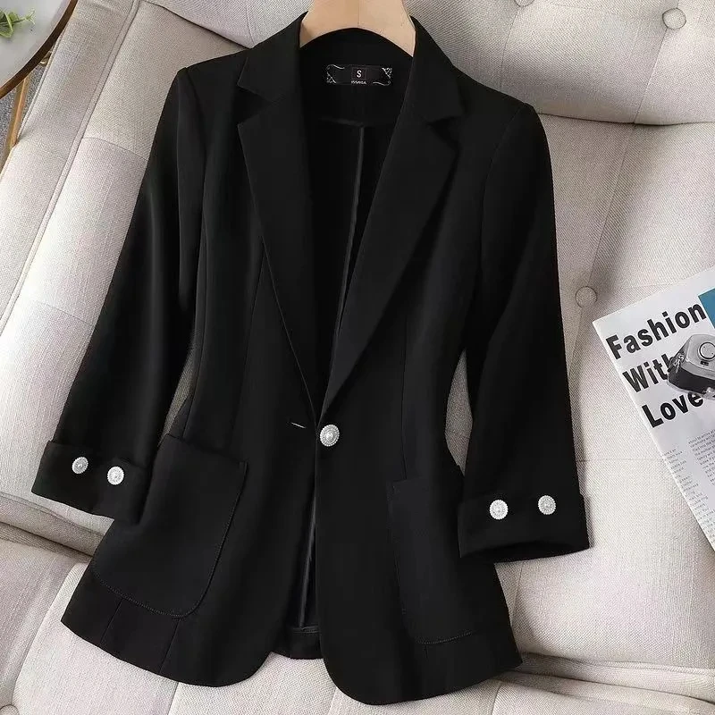 Female Blazers Spring Summer Short Small Suit Tops Coat Women Solid Color Splicing Seven Points Sleeve Small Suit Jacket