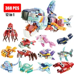 Moc 12in1 Ocean Marine Fish Animals Shark Octopus Hermit Crab Turtle Dolphin Model Set Building Blocks Diy Toys for Gifts