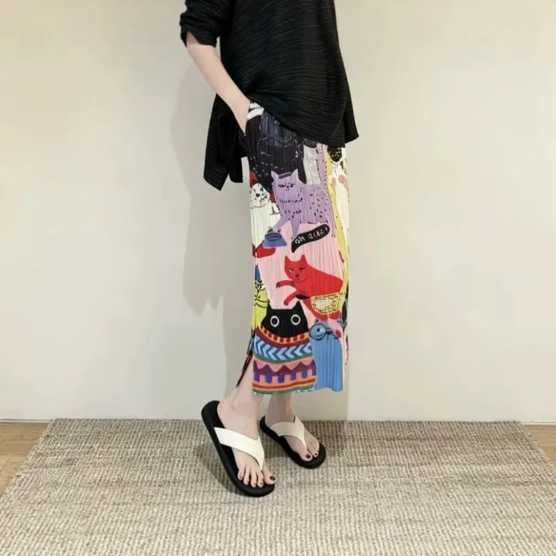 Miyake Pleated Printed Skirt Plisse 2026 Summer New Colorful Cat Print Fold Jupe Loose Straight Casual Elegant Versatile Skirt