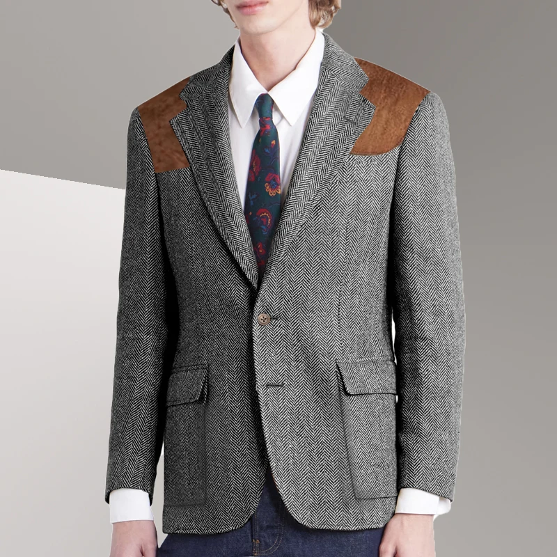 

Men's Blazer Vintage Herringbone Splicing suede Single Breasted Casual Wool Blend Suit Jacket Spring Winter Fall Clothing-men