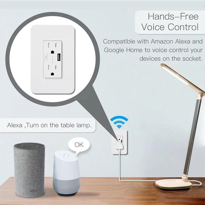 Wifi Smart Wall Power Outlets Plug with 2 USB Socket Smart Life/Tuya APP Remote Control Anywhere Work with Alexa Google Home