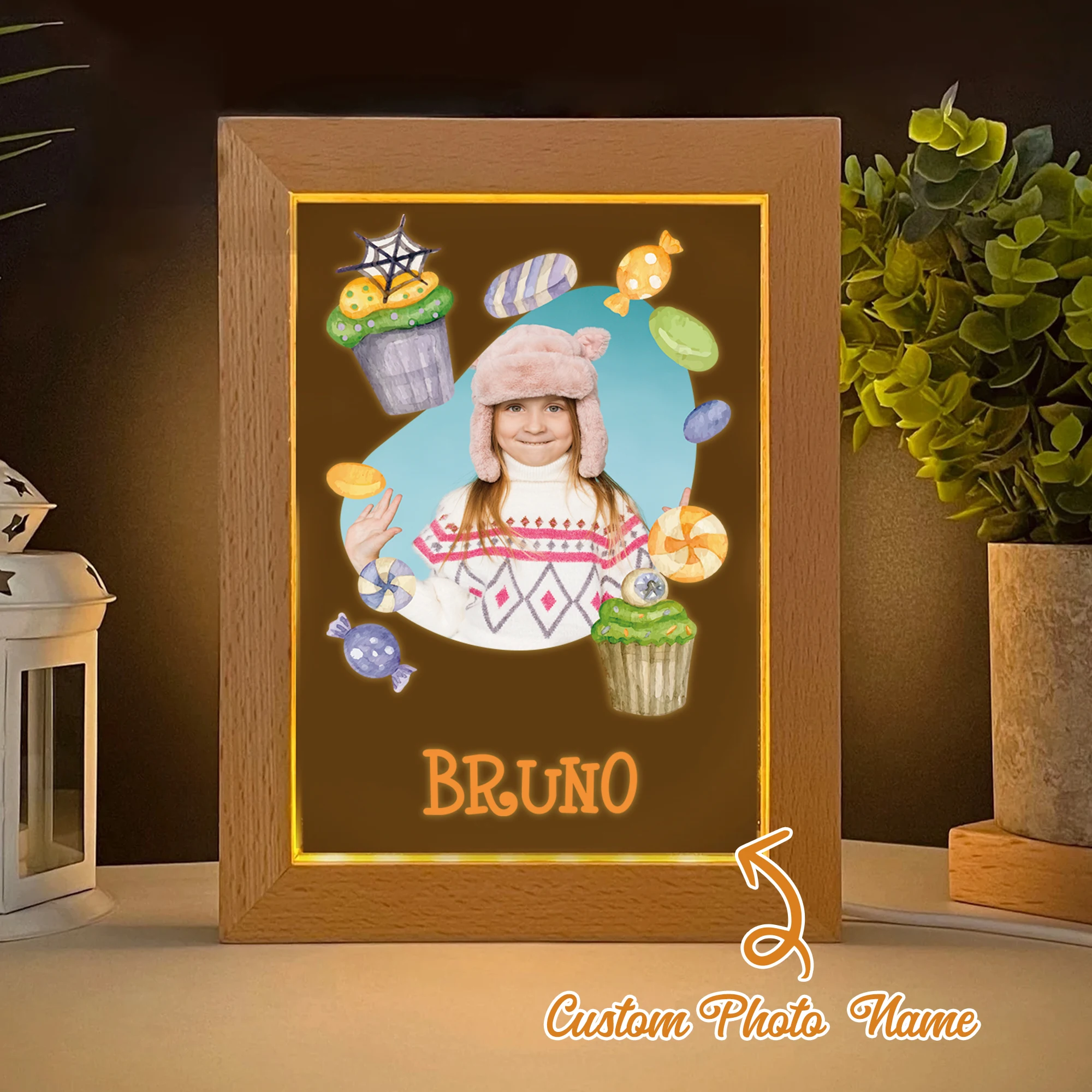 

2D Flat Custom Photo Candy LED Acrylic Night Light Wood Photo Frame 21x17cm Halloween Bedroom Gifts Home Decoration