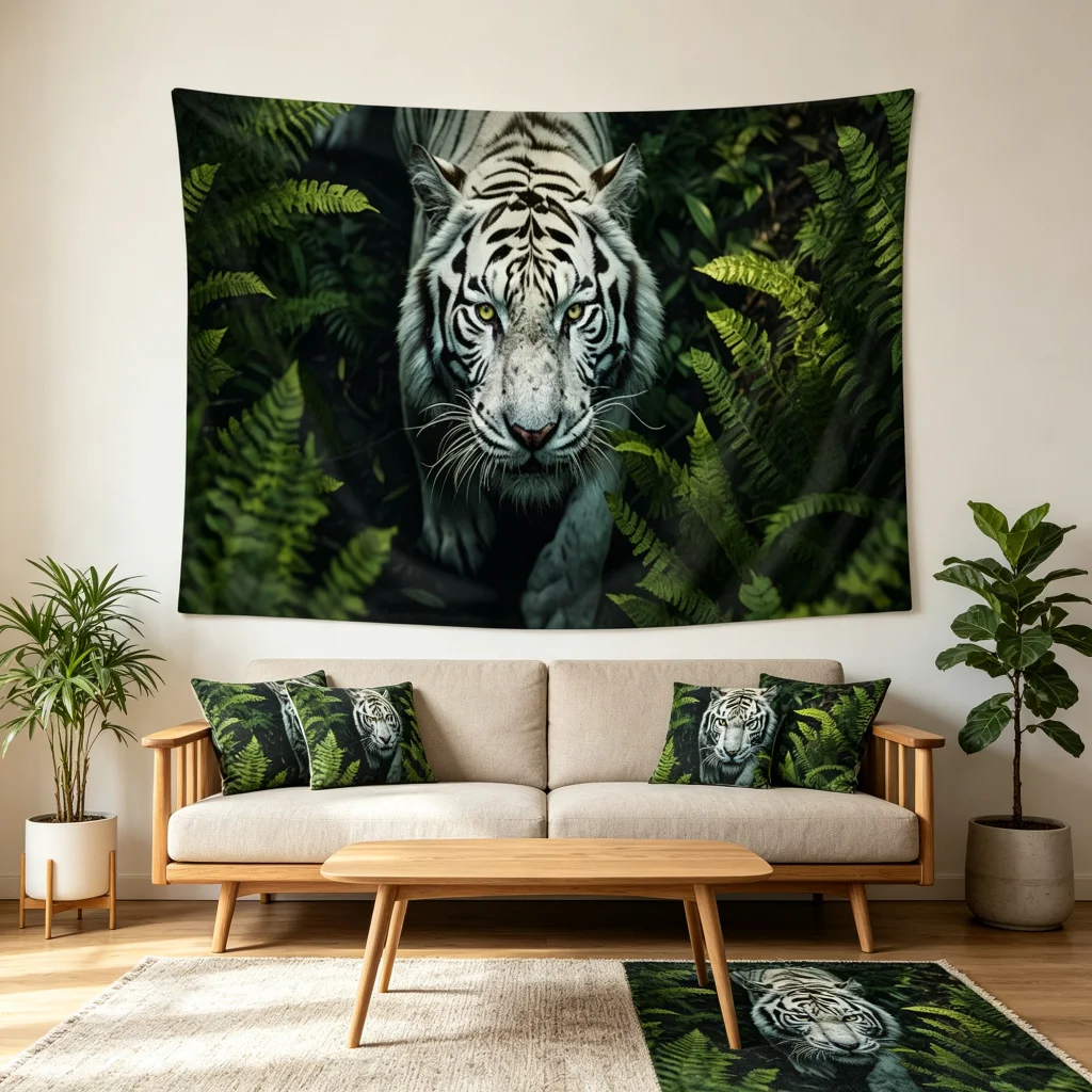 1PC White Tiger Jungle Fern Close Up Print Backdrop Banner, Bedroom Living Room Photo Background, Polyester, Home Decor, Wall Ar