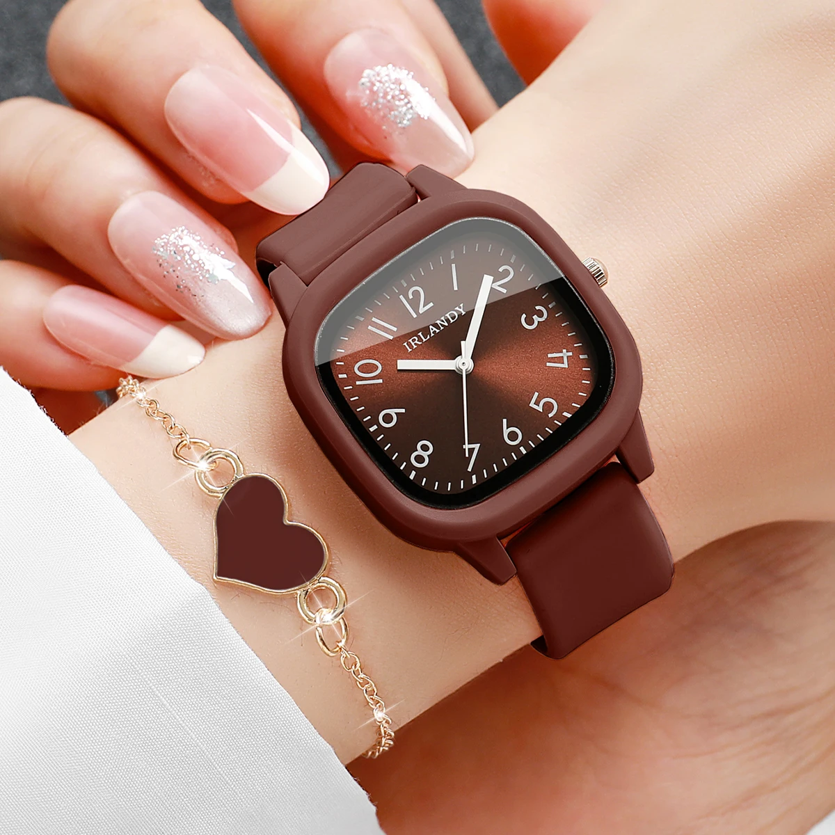 2PCS Fashion Square Women Quartz Watch Heart Bracelet Set Casual Arabic Silicone Strap Wristwatch Relogio Feminino (Without Box)