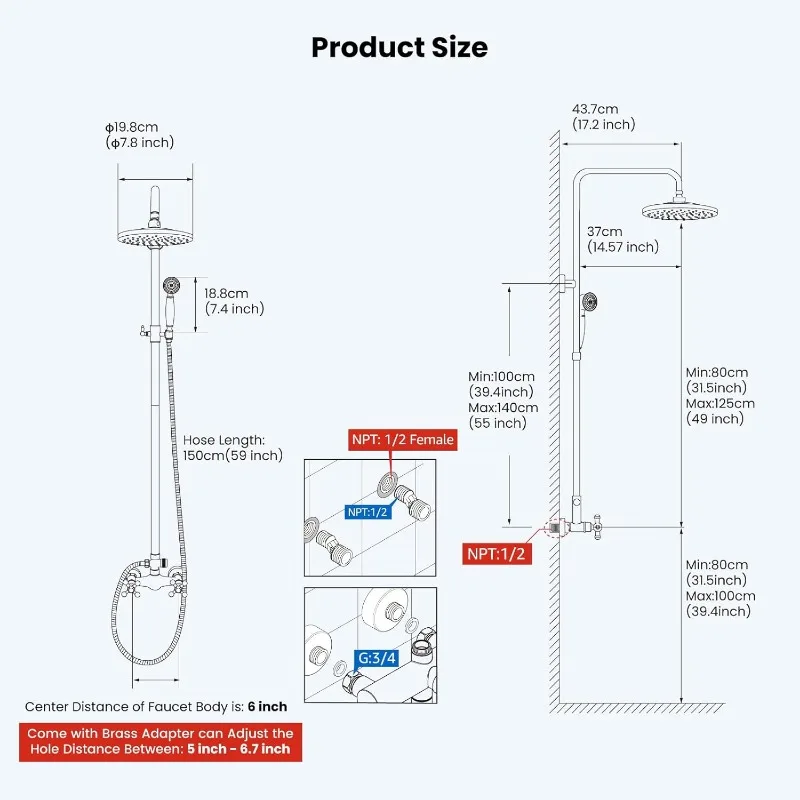 Exposed Bathroom Shower Faucet Set Shower Fixture 8 Inch Rainfall Shower Head Handheld Shower Cross Handle Wall Mount