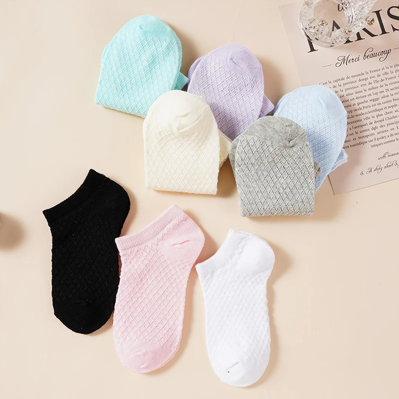 School-Age Children\'s Invisible Solid Color Simple Casual Breathable Mesh Socks Kids Soft Comfortable High Elastic Ankle Socks