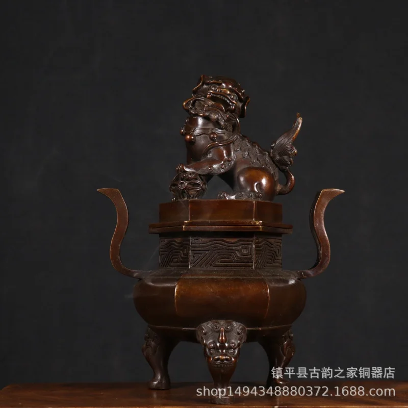 Антикварный бронзовый орнамент Ruyi Ear Hortensa Lion Cover украшение дома ремесло курильница орнамент