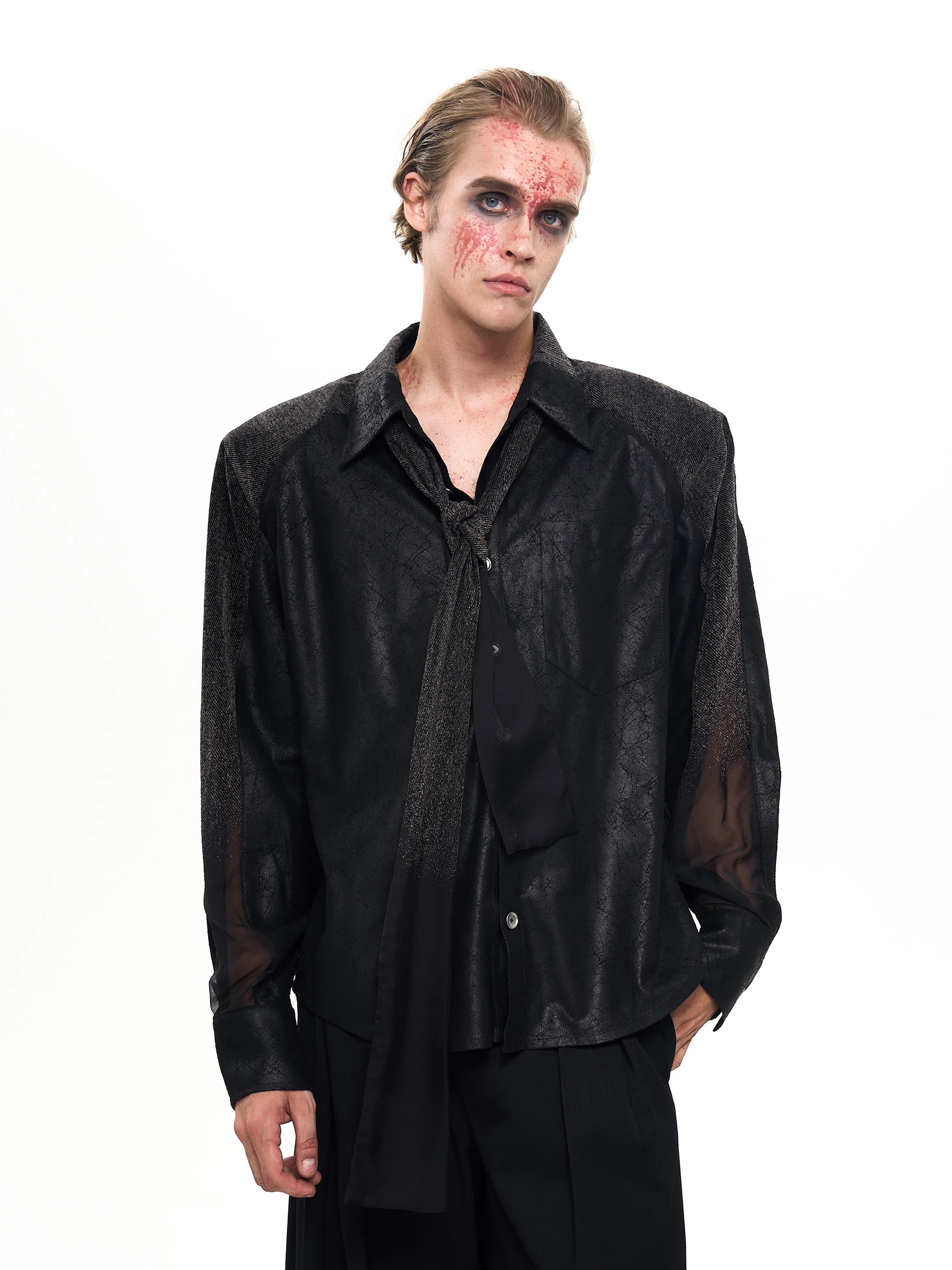 Men's 2025 Autumn New Trendy Handsome Mesh Gauze Tops Shoulder Padded Loose Comfort Shirts Men's High-end Tie Long-sleeve Shirts