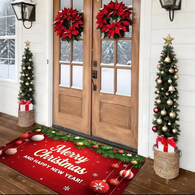 ممسحة فيكاما لعيد الميلاد المجيد مع فروع الصنوبر والكرات - قابلة للغسل في الغسالة، مادة الفانيلا، تصميم احتفالي باللونين الأحمر والأخضر