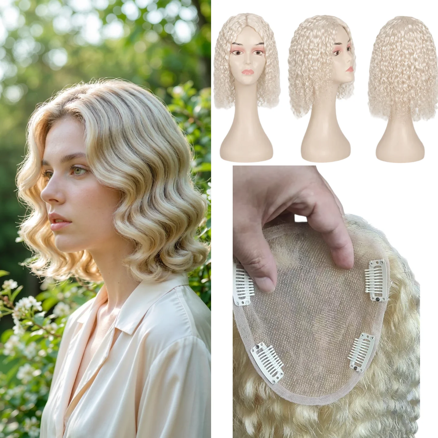100% Human Hair Topper Swiss Lace 9x14cm 10inch Loose Wave Hairpiece Handmade Color #613 P27-613 7-10Days Ship Wholesale