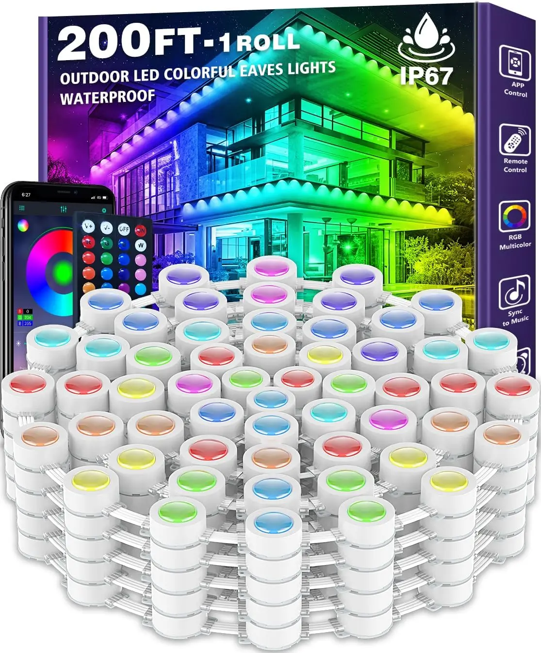 

200-футовые постоянные уличные RGB-гирлянды, водонепроницаемые умные светодиодные светильники для карнизов с управлением через приложение/пульт, для Рождества и всех праздничных украшений