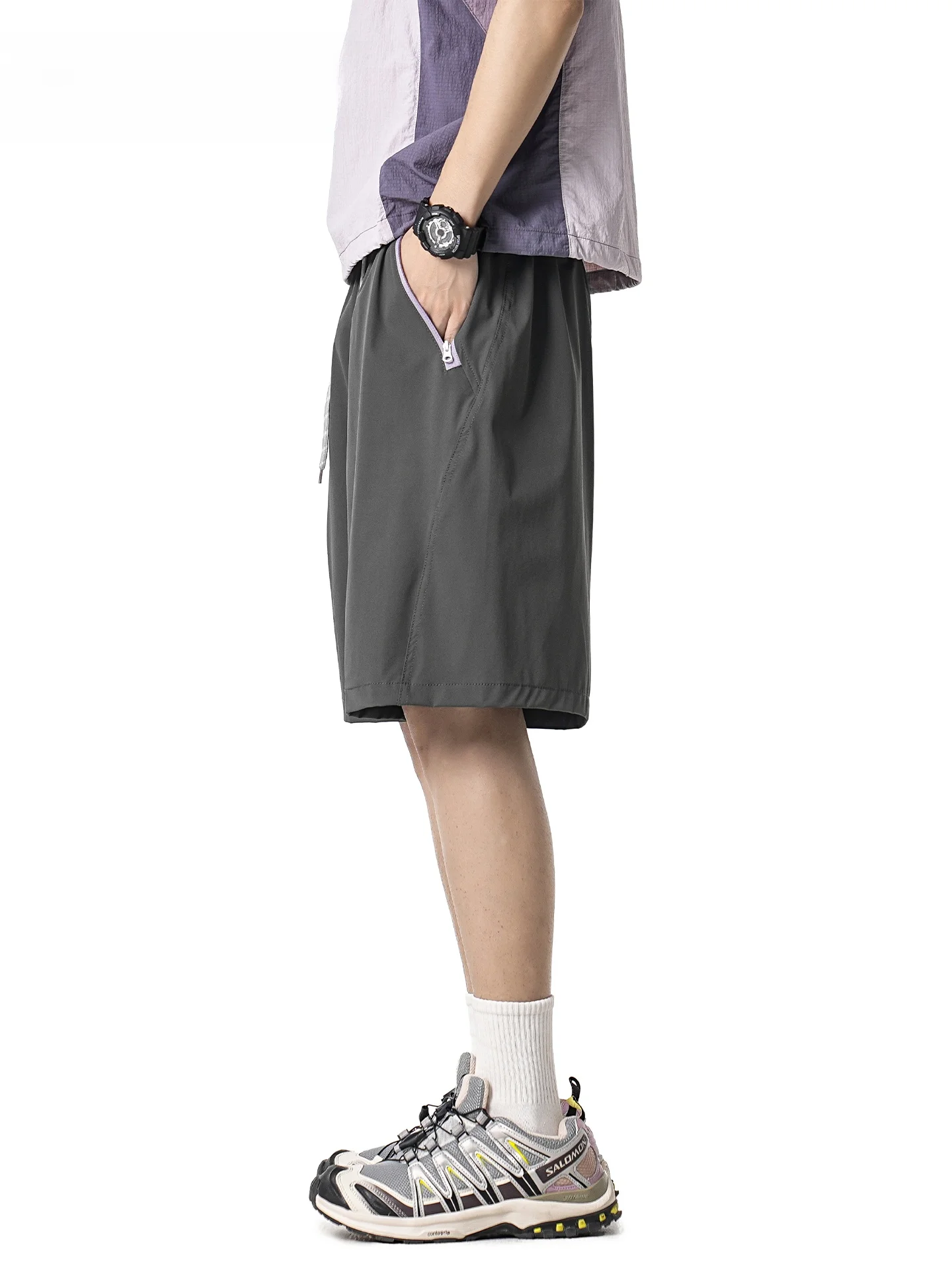 

JOKARJONNY American Color Blo Zipper Qui Dry Sports orts Men Summer Ice Silk Casual Beach Five-Quarter Pants